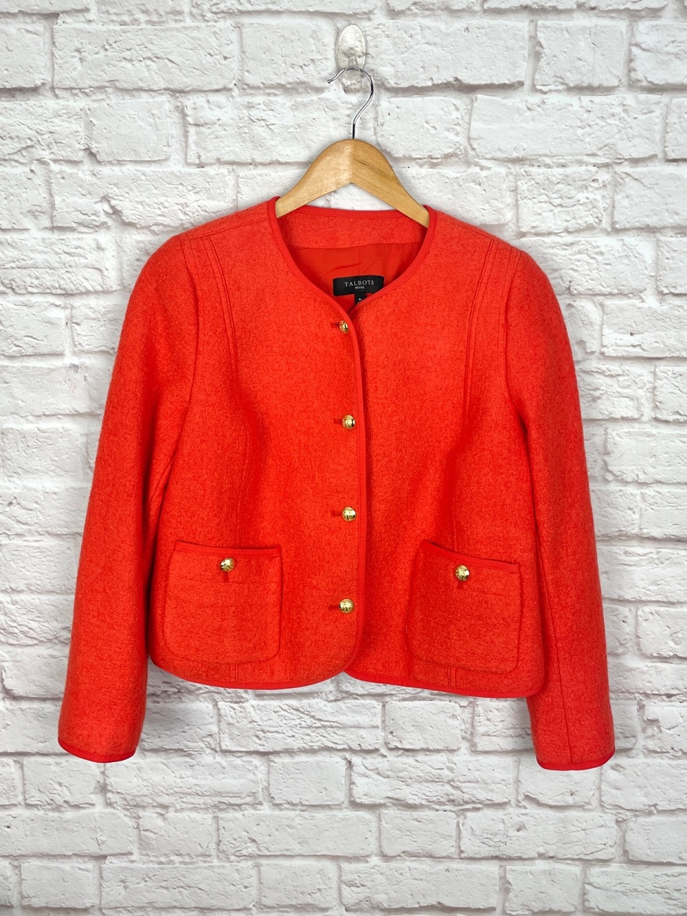 Talbots Berkshire Orange Wool Blend Cropped Dark Clementine Tweed Jacket Size 8P